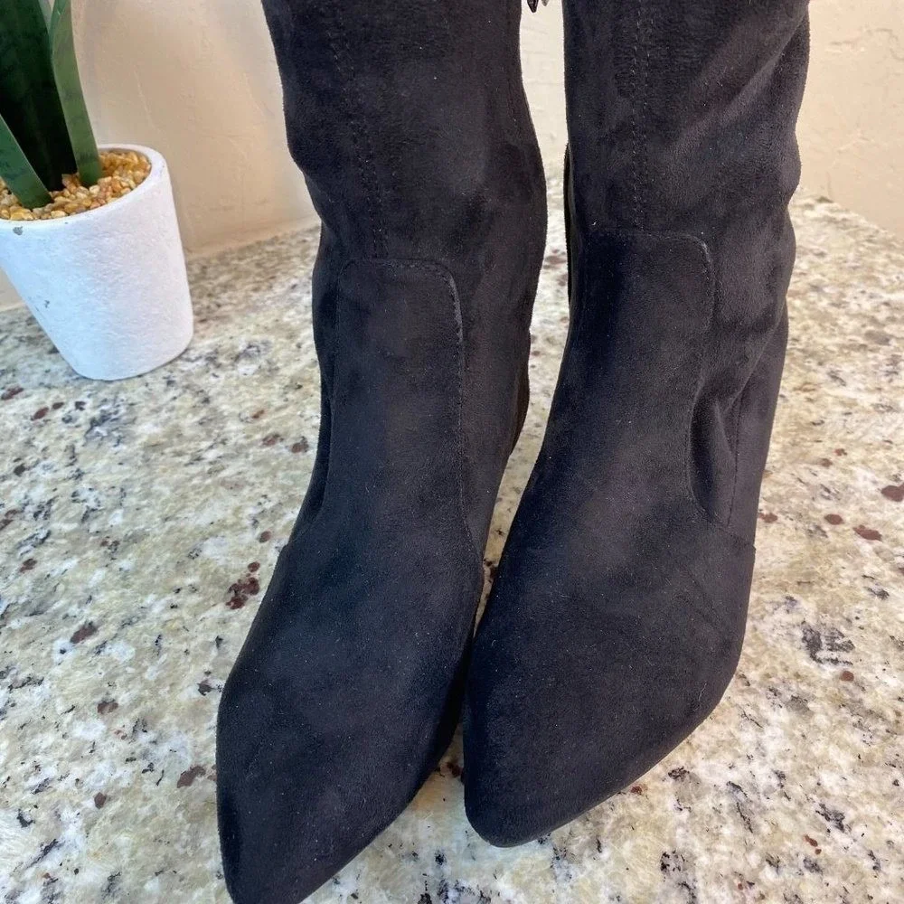 Sam Edelman Black Suede Over The Knee Kitten‎ Heel Boots Size 6 Pointed Toe Tie